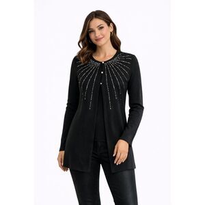 Exclusively Misook Elegant Black Cardigan Silver Rhinestone Accents S